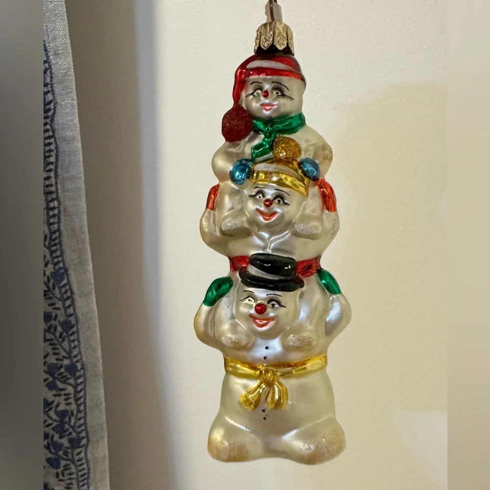 Snowmen Stack Totem Pole Blown Glass Christmas Ornament Family 5”